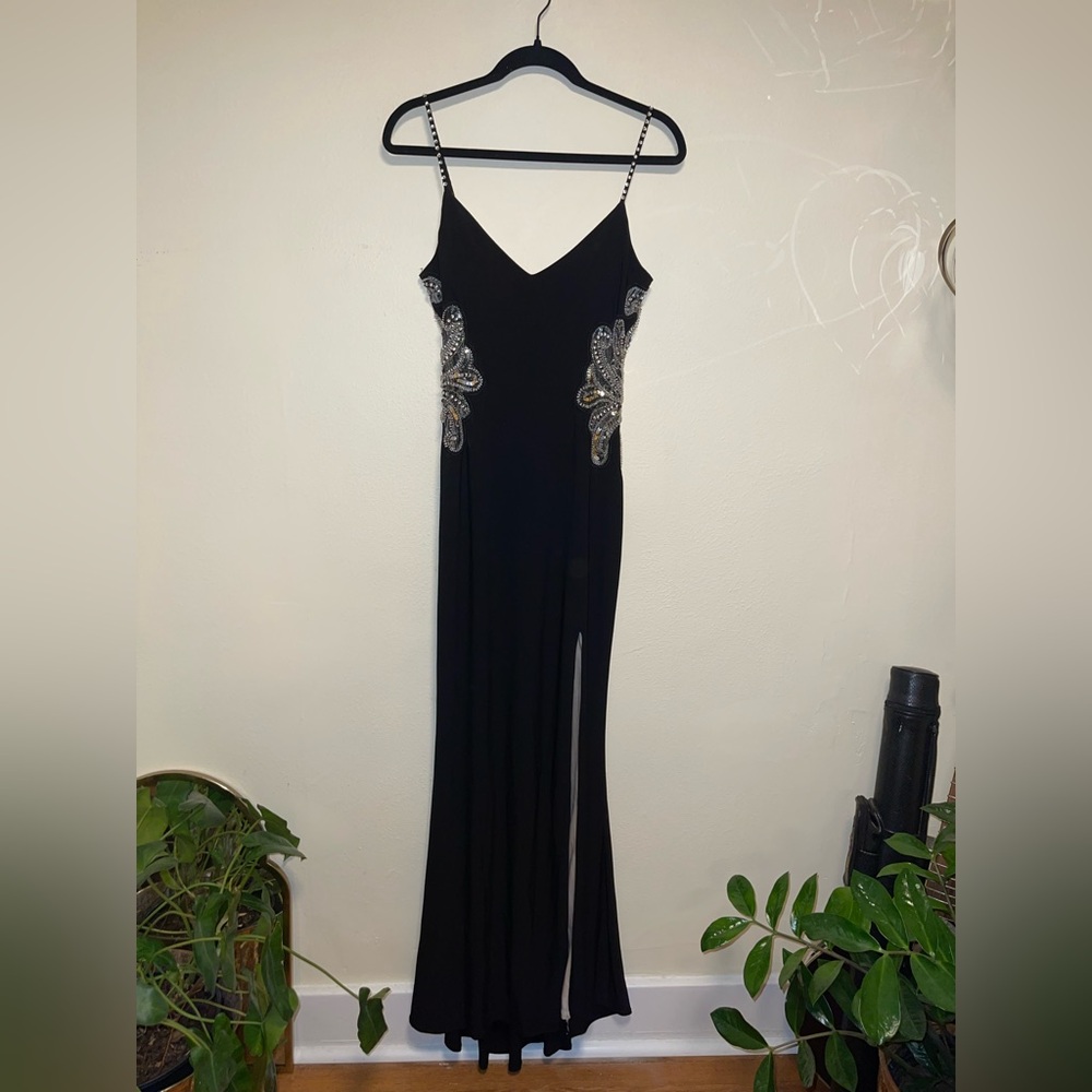 Black and silver beaded evening dress